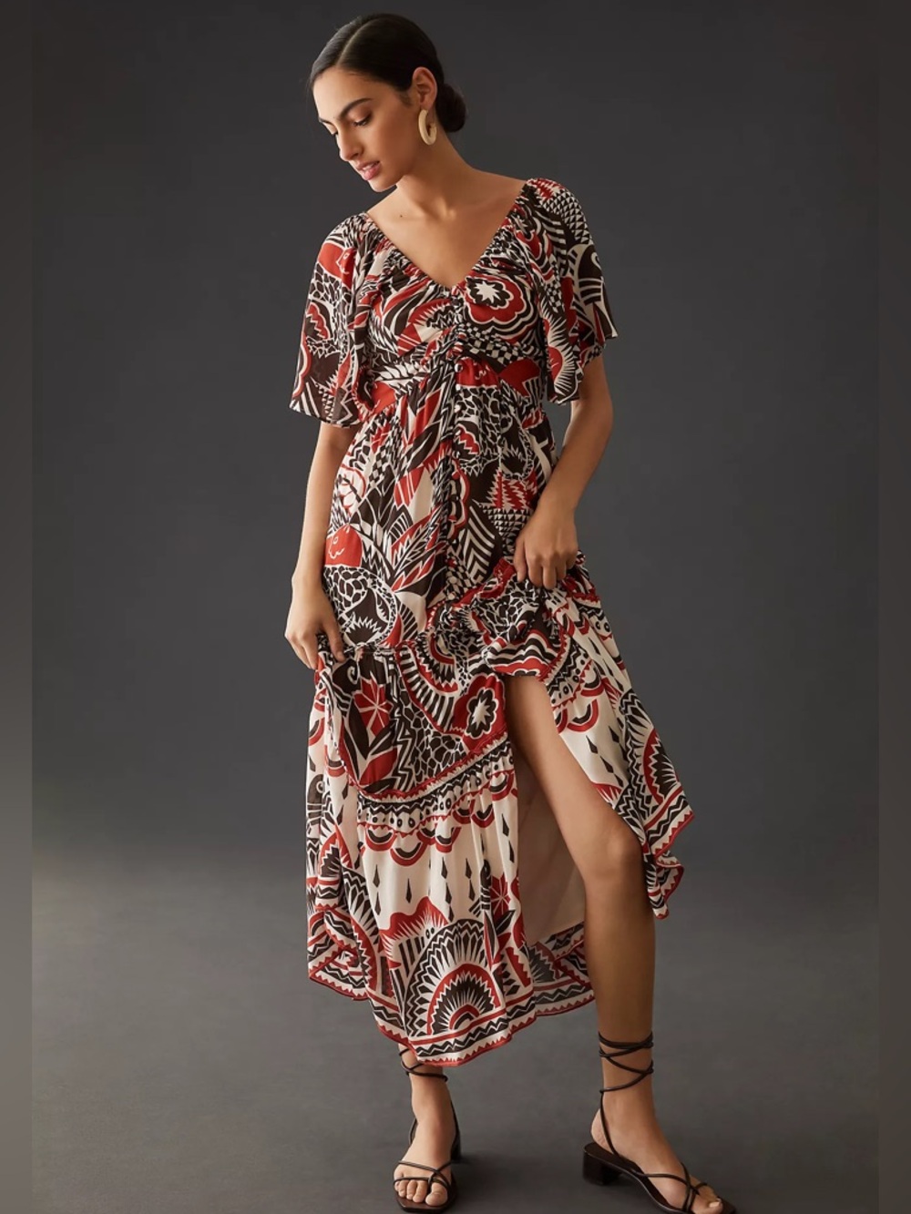 NWT Anthropologie Tiered Maxi Dress Geometric Floral Boho Red Cream L Large